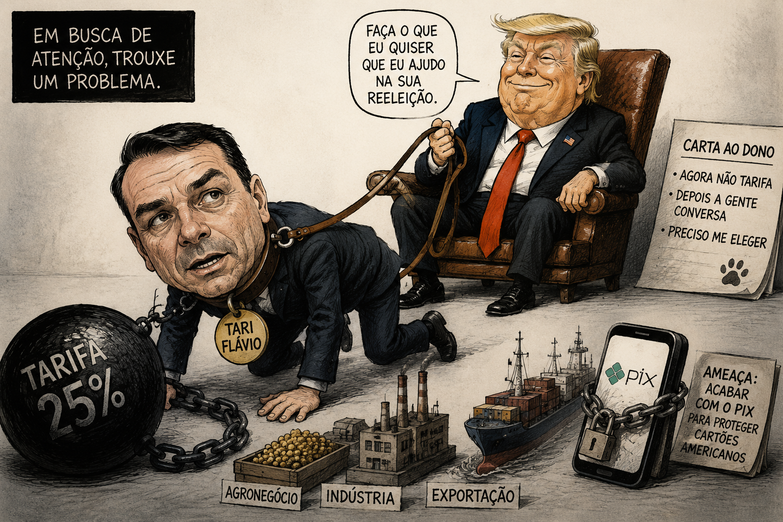Charge editorial representando o debate político envolvendo Flávio Bolsonaro, Donald Trump, relações internacionais, tarifas comerciais, segurança pública e os impactos de decisões políticas sobre o Brasil.