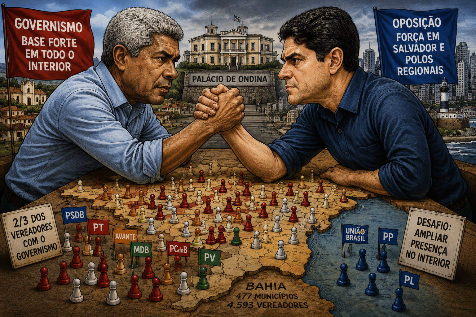 Charge política ilustrando a disputa eleitoral na Bahia entre Jerônimo Rodrigues e ACM Neto. Os dois aparecem em uma queda de braço simbólica sobre um mapa do estado da Bahia, representando a disputa pela força política territorial para as eleições de 2026. Ao fundo, elementos que remetem aos municípios, câmaras de vereadores e articulações políticas.