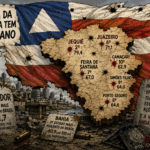 harge editorial sobre a violência na Bahia, com a bandeira do estado ao fundo e o mapa baiano destacando municípios entre os mais violentos do Brasil segundo o Atlas da Violência 2026.