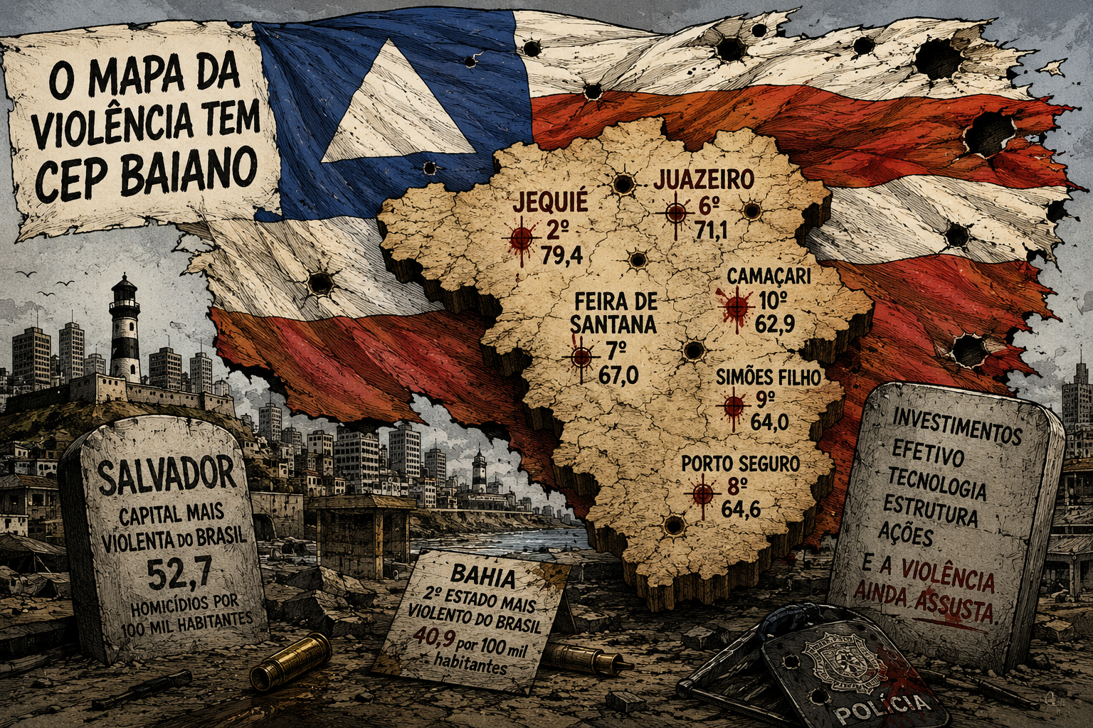 harge editorial sobre a violência na Bahia, com a bandeira do estado ao fundo e o mapa baiano destacando municípios entre os mais violentos do Brasil segundo o Atlas da Violência 2026.