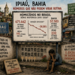 Charge editorial retrata o município de Ipiaú diante dos números da violência no Brasil. Um grande painel exibe dados da série histórica de homicídios, enquanto elementos urbanos da cidade reforçam a reflexão sobre o impacto social da violência e o risco de sua normalização.