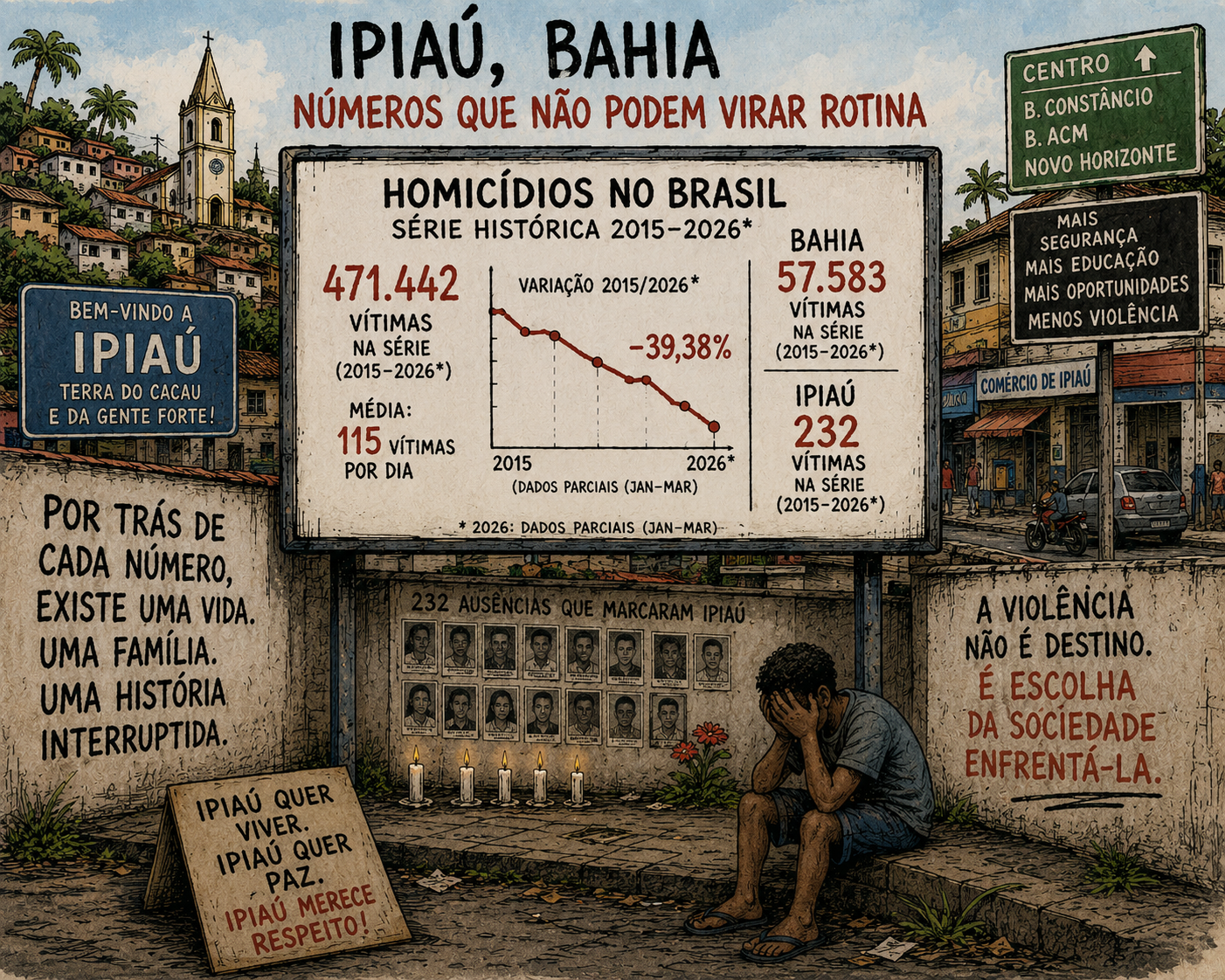 Charge editorial retrata o município de Ipiaú diante dos números da violência no Brasil. Um grande painel exibe dados da série histórica de homicídios, enquanto elementos urbanos da cidade reforçam a reflexão sobre o impacto social da violência e o risco de sua normalização.