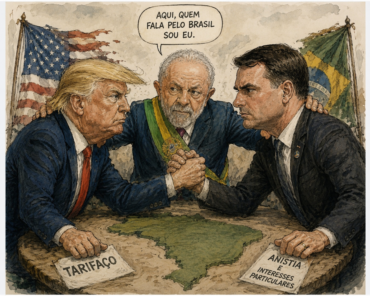 Charge editorial retrata Lula, Donald Trump e Flávio Bolsonaro em uma disputa simbólica pela narrativa do patriotismo e da soberania nacional durante a crise do tarifaço entre Brasil e Estados Unidos.